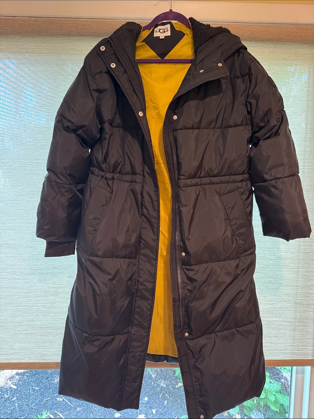 UGG Black Long Quilted Puffer Coat with Yellow Lining